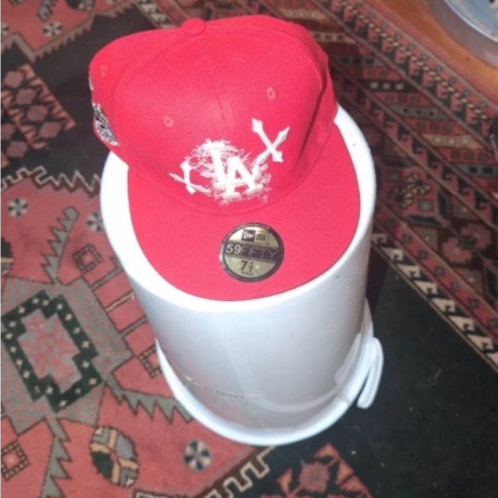 New Era Red LA Fitted Cap with White Embroidery